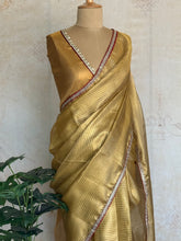 Golden Tissue Saree with Striped Weave & Lace Embellished Edge