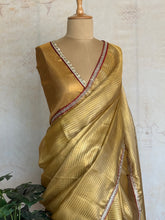 Golden Tissue Saree with Striped Weave & Lace Embellished Edge