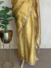 Golden Tissue Saree with Striped Weave & Lace Embellished Edge