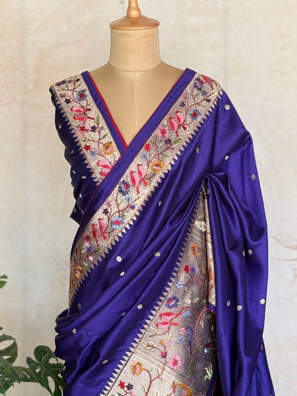 Sashtika - Royal Blue Chiniya Silk Saree with Paithani Bird & Floral Border
