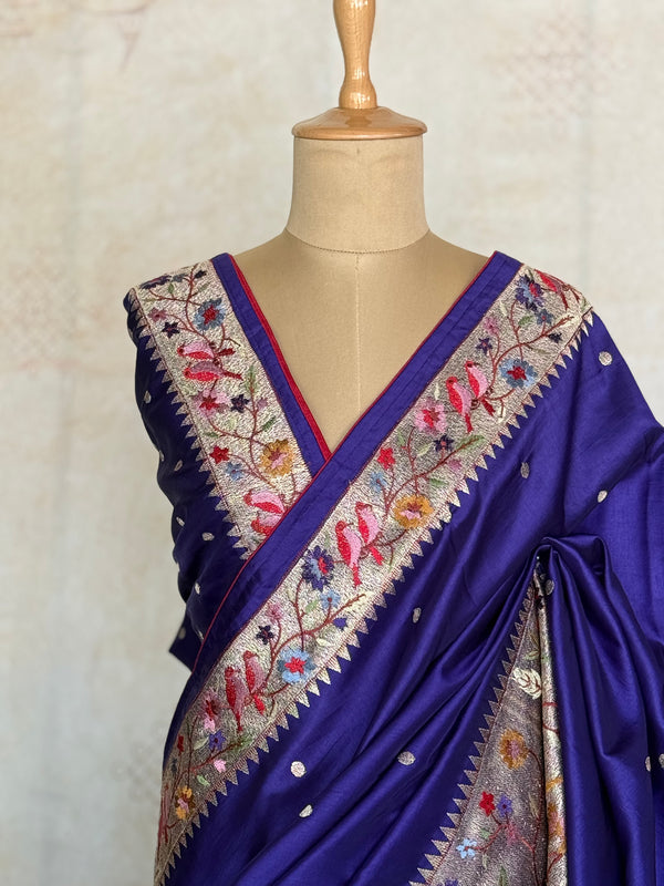 Sashtika - Royal Blue Chiniya Silk Saree with Paithani Bird & Floral Border