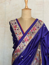 Sashtika - Royal Blue Chiniya Silk Saree with Paithani Bird & Floral Border