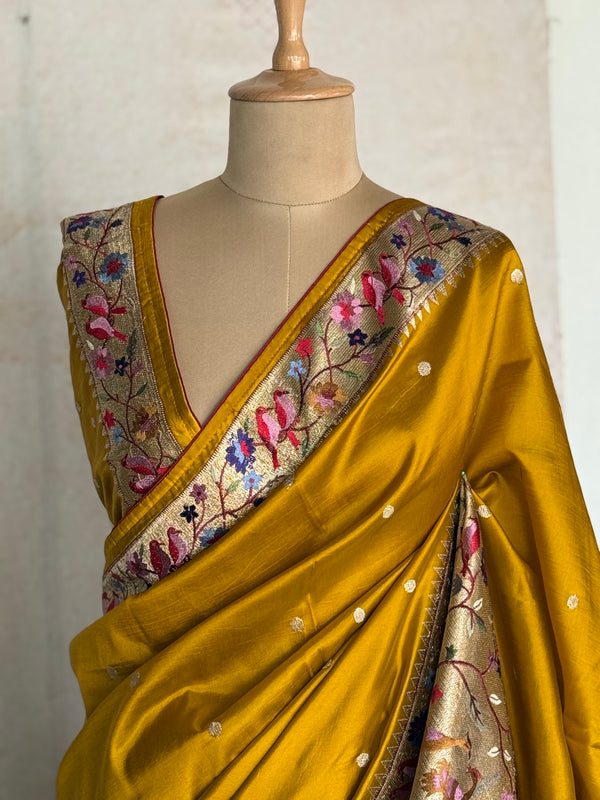Sashtika - Mustard Yellow Chiniya Silk Saree with Paithani Bird & Floral Border