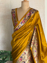 Sashtika - Mustard Yellow Chiniya Silk Saree with Paithani Bird & Floral Border