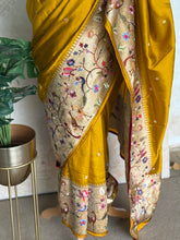 Sashtika - Mustard Yellow Chiniya Silk Saree with Paithani Bird & Floral Border