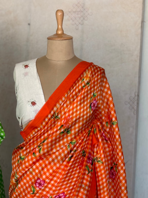 Pure Mangalgiri Silk Orange Gingham Checks Saree with Floral Digital Prints