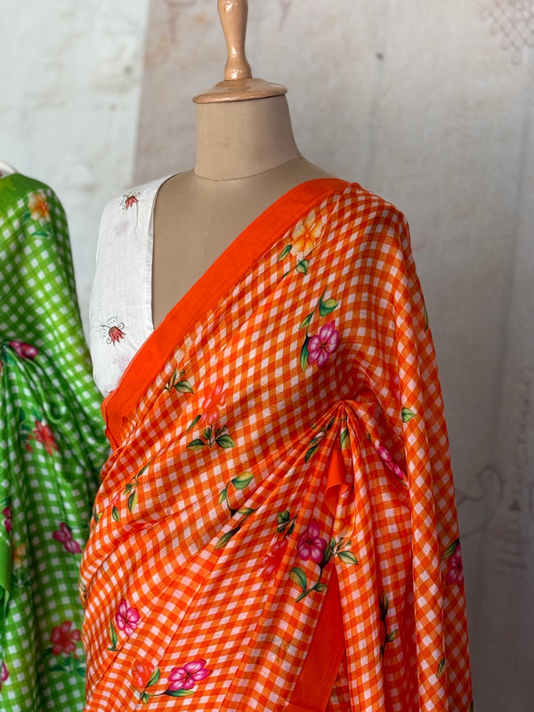 Pure Mangalgiri Silk Orange Gingham Checks Saree with Floral Digital Prints