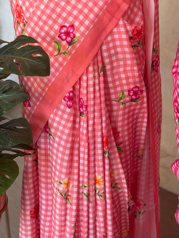Pure Mangalgiri Silk Peach Gingham Checks Saree with Floral Digital Prints