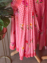 Pure Mangalgiri Silk Peach Gingham Checks Saree with Floral Digital Prints