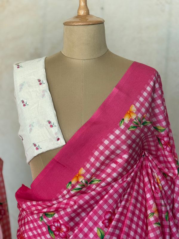 Pure Mangalgiri Silk Pink Gingham Checks Saree with Floral Digital Prints