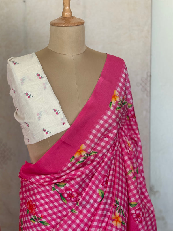 Pure Mangalgiri Silk Pink Gingham Checks Saree with Floral Digital Prints