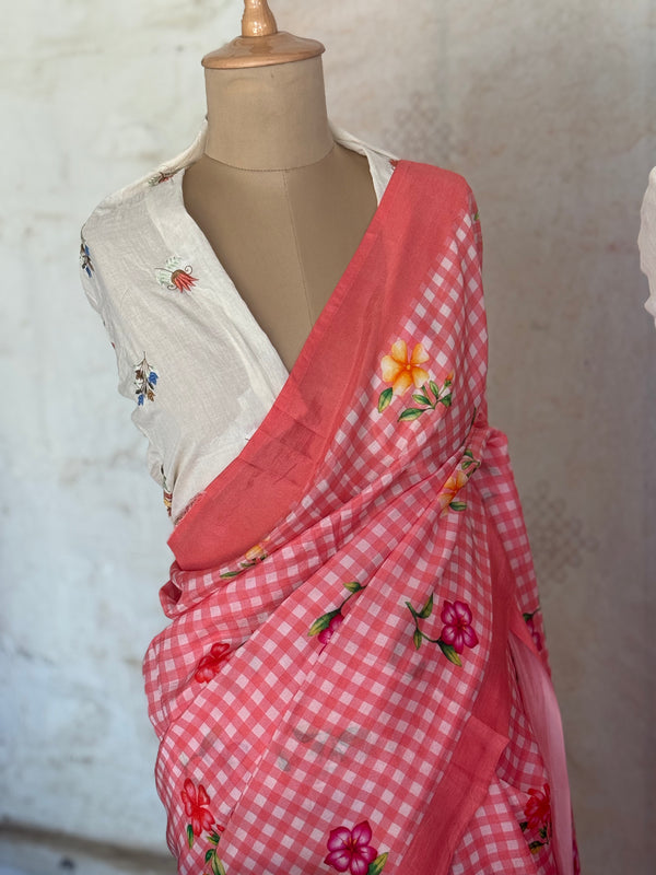 Pure Mangalgiri Silk Peach Gingham Checks Saree with Floral Digital Prints