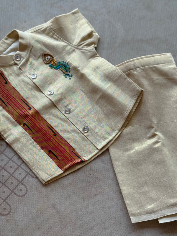 Velum Mayilum Boys Shirt & Dhoti Set with Paithani Detailing