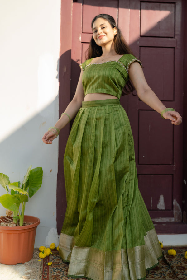 Anvidha Women Tussar Silk Top & Skirt Set with Subtle Zari Border | Designer Outfits