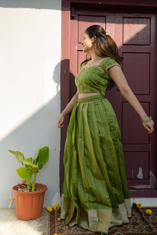 Anvidha Women Tussar Silk Top & Skirt Set with Subtle Zari Border | Designer Outfits