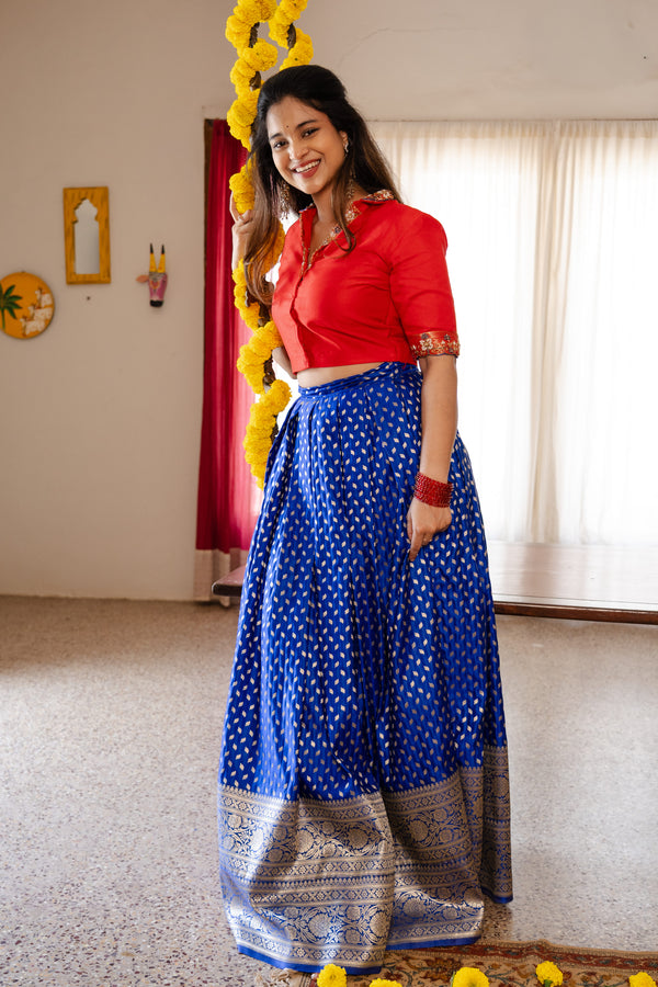Bhumika Women’s Red Embroidered Crop Top with Blue Brocade Skirt – Front View