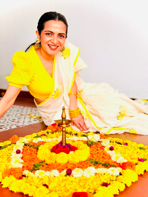 DD Mul Cotton Saree – Half White with Yellow Floral Embroidery & Contrast Border - Onam Edit
