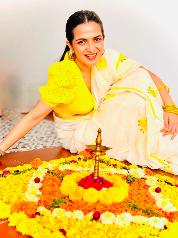 DD Mul Cotton Saree – Half White with Yellow Floral Embroidery & Contrast Border - Onam Edit