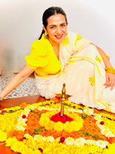 DD Mul Cotton Saree – Half White with Yellow Floral Embroidery & Contrast Border - Onam Edit