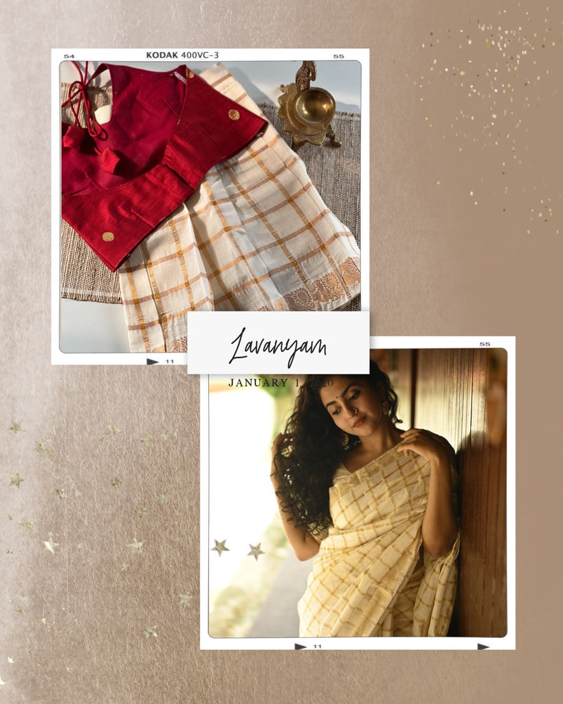 Mom and daughter in matching Lavanyam kasavu sets for Onam, Studio Virupa