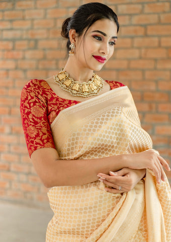 Mesmerizing White Plain Linen Saree with Golden Red Border Onam Special -  Loomfolks