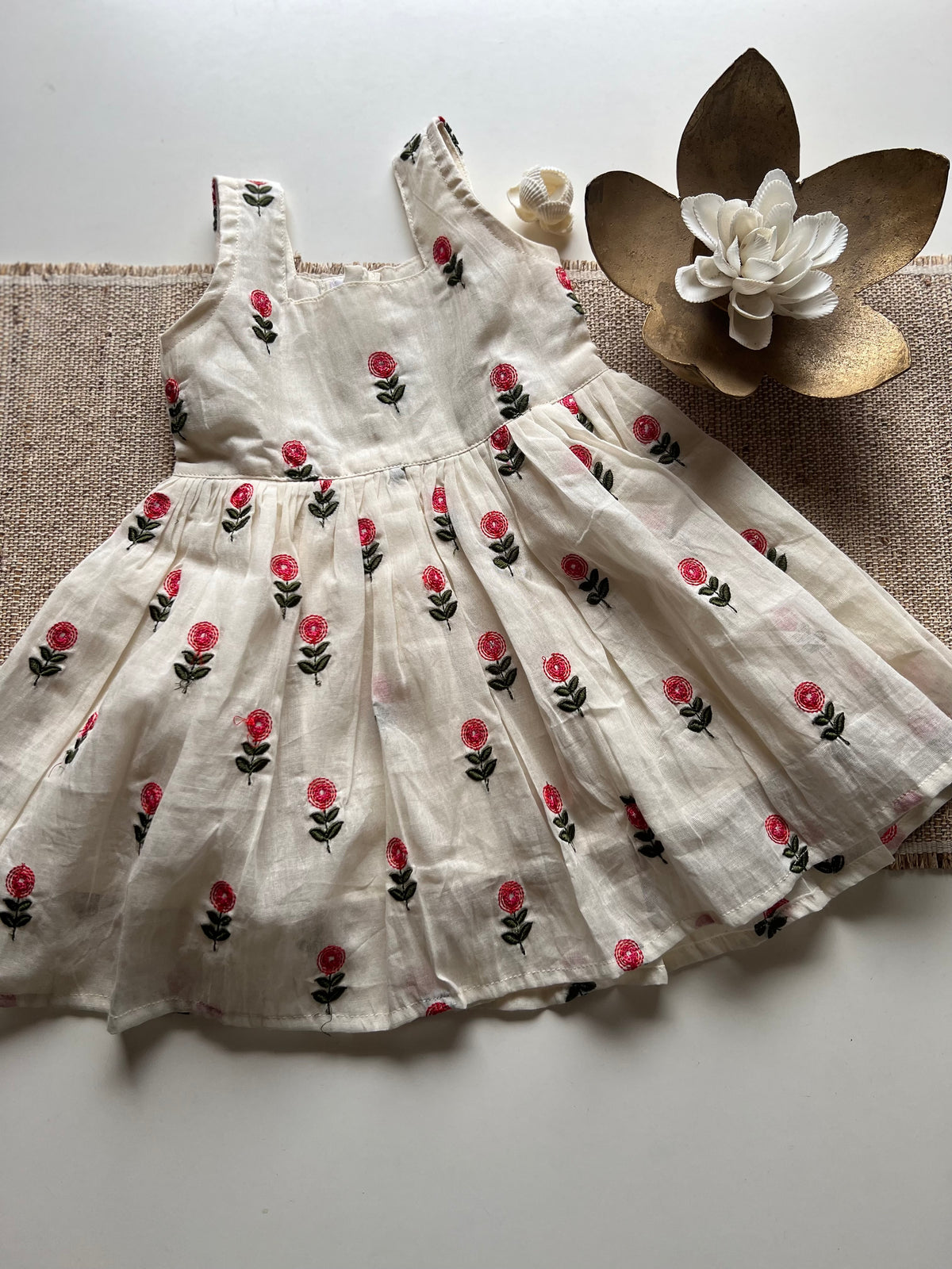 Multicolour Floral Embroidery kids frock - red
